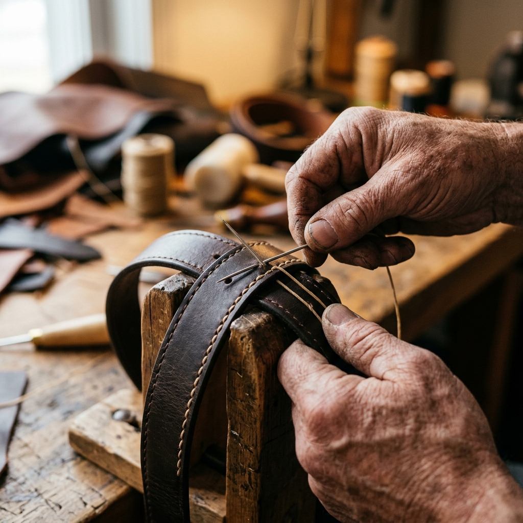 Close up of artisan's hands hand stitching leather
