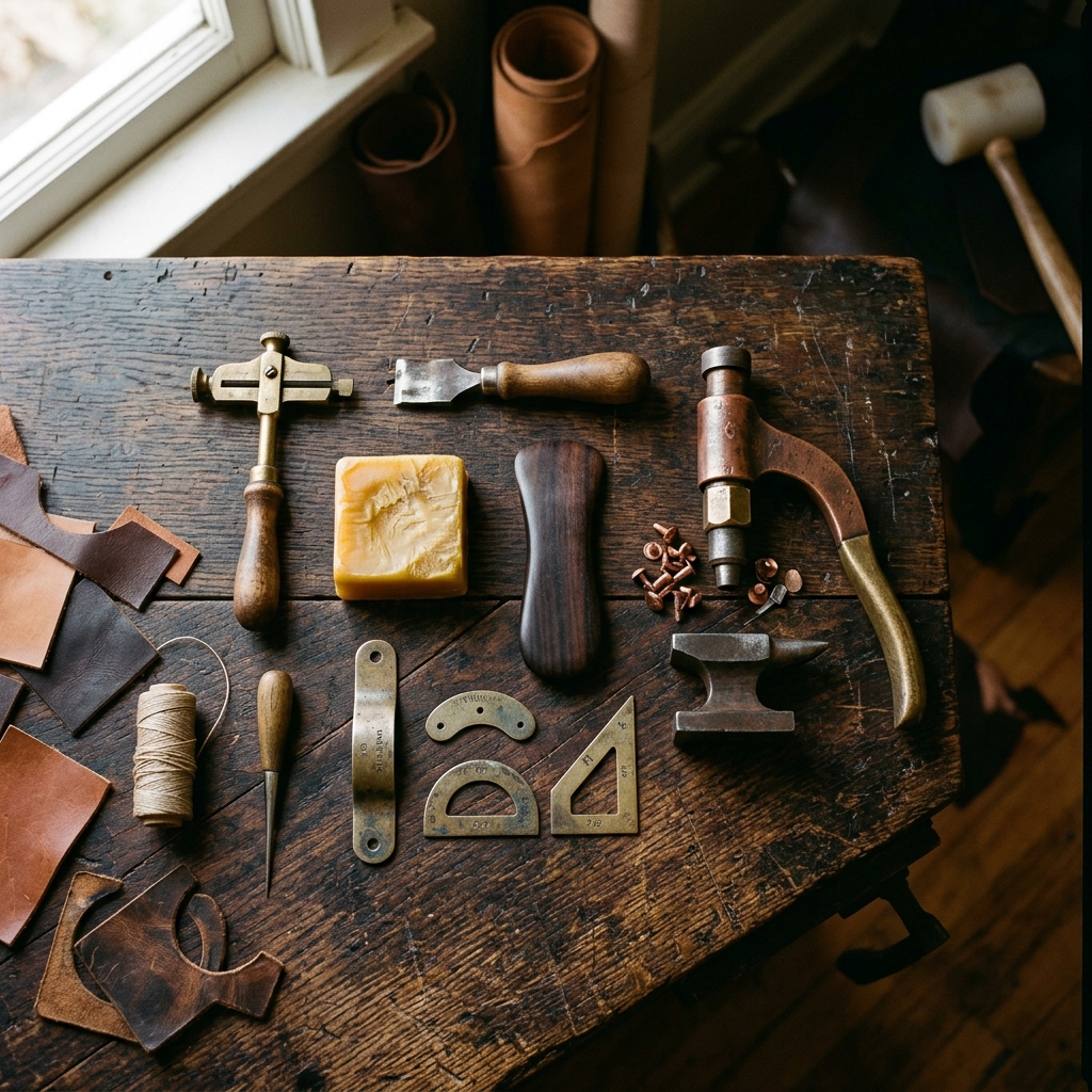 Vintage leathercrafting tools on workshop bench